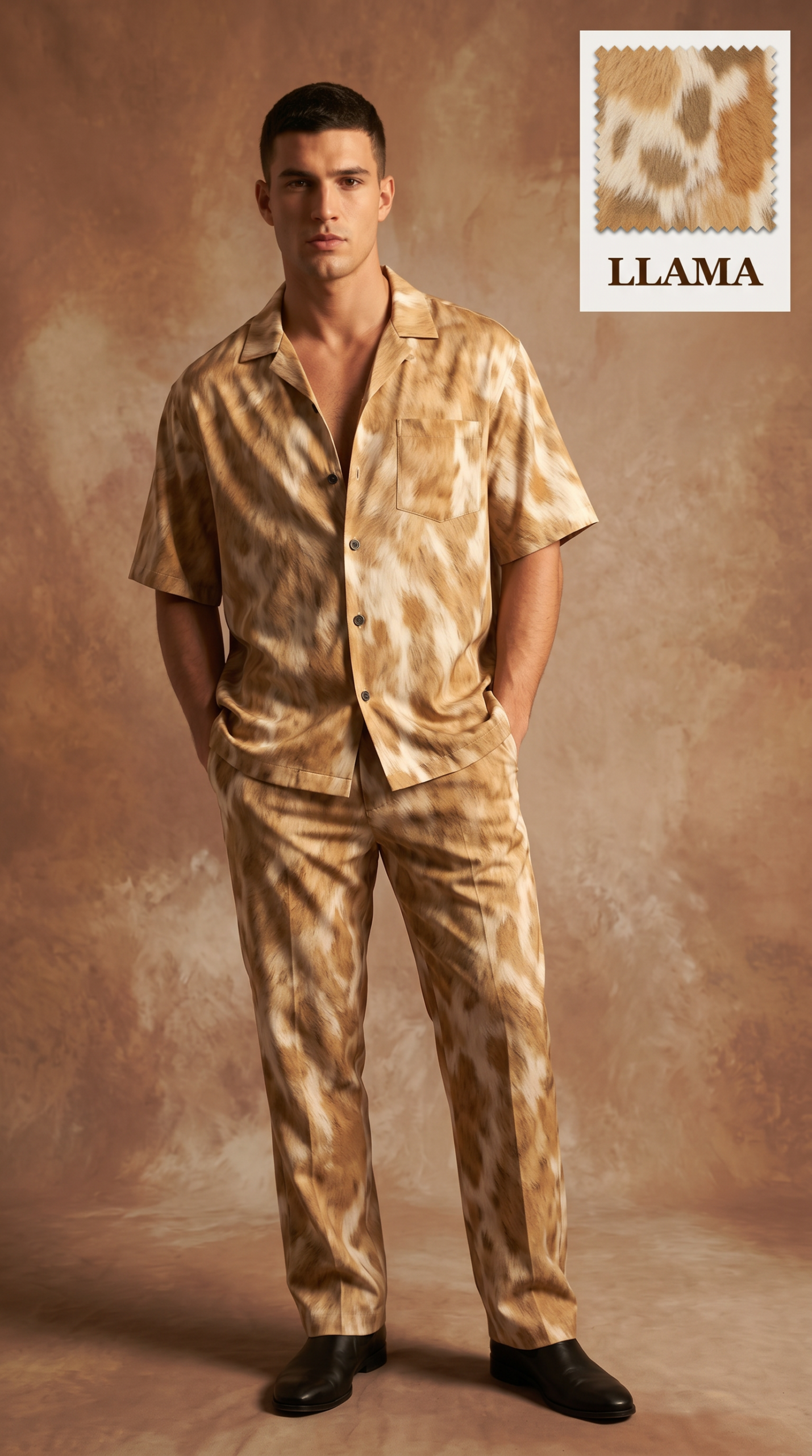 40 Llama Luxe Safari Co-Ord Set – Premium Animal Print Cuban Collar Resort Wear for Men