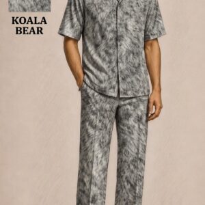 Men’s Grey Koala Fur Texture Co-Ord Set – Relaxed Fit Shirt & Pants