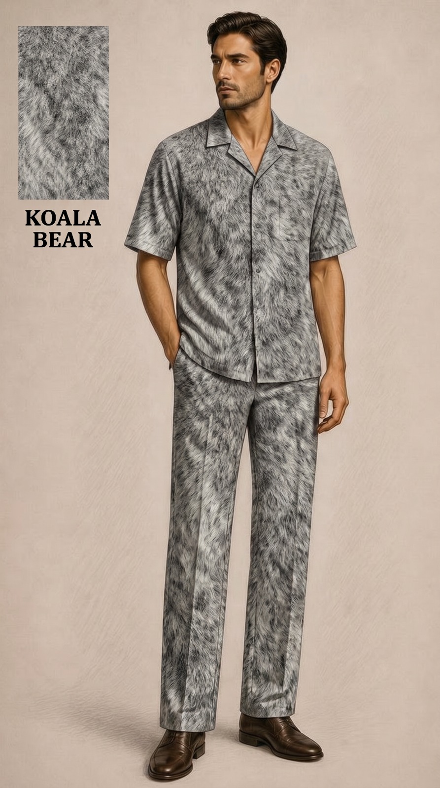 Pic 11 Men’s Grey Koala Fur Texture Co-Ord Set – Relaxed Fit Shirt & Pants