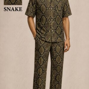 Men’s Olive Python Print Co-Ord Set – Relaxed Fit Shirt & Trousers