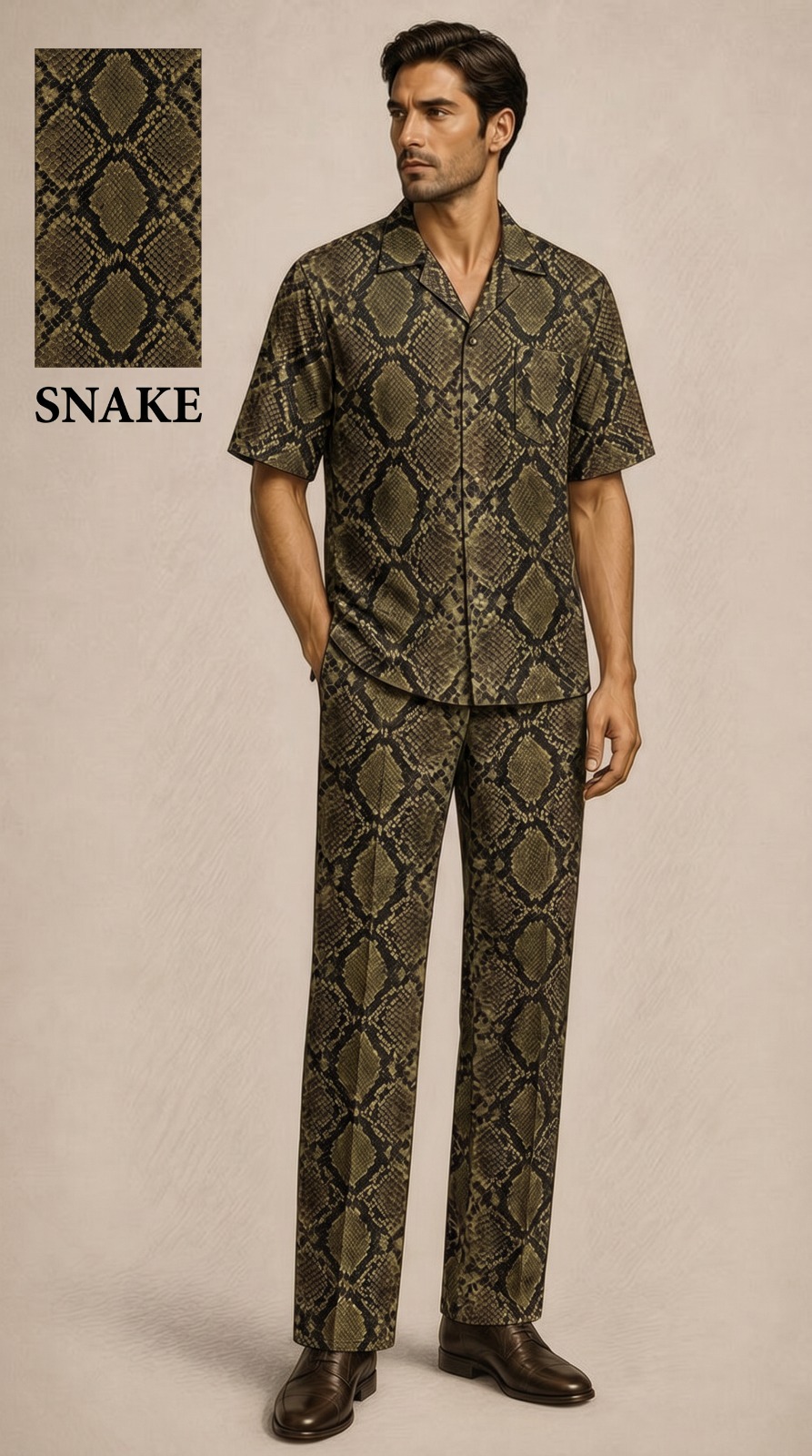 Pic 15 Men’s Olive Python Print Co-Ord Set – Relaxed Fit Shirt & Trousers