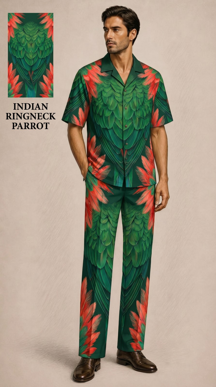 Pic 19 Indian Ringneck Parrot Feather Print Premium Co-Ord Set for Men