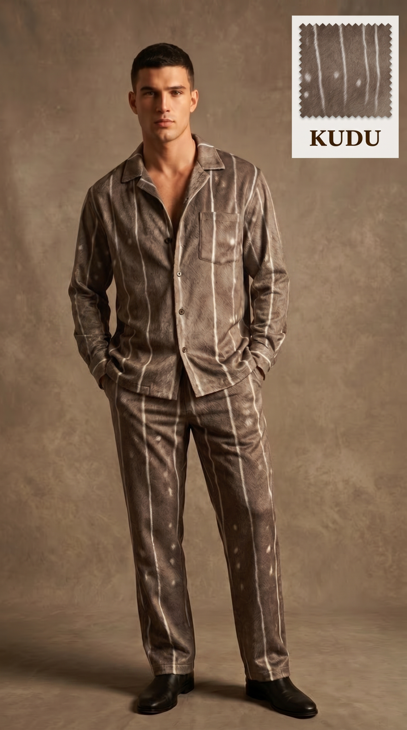 hf_20260601_181116_4c4d9d20-f176-4b2a-9729-f4c74a98c8ce Kudu Nomad Luxe Co-Ord Set – Premium Earth-Tone Stripe Resort Wear for Men