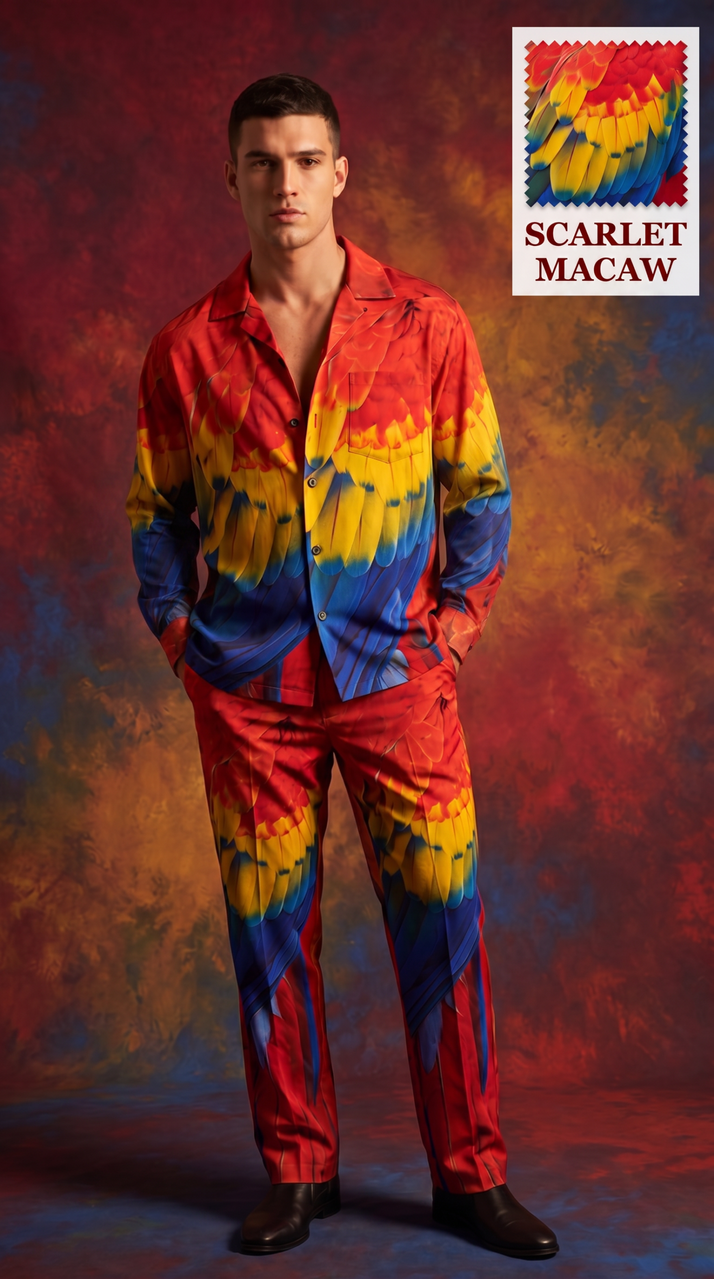 hf_20260609_195953_6976d5c3-7aa2-4586-b536-8f0a394c45a2 Scarlet Macaw Royale – Vibrance Unleashed Men’s Co-Ord Set